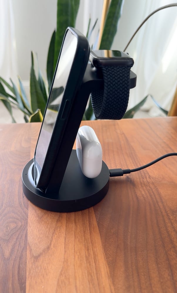 3-in-1 wireless charging station for iPhone, Apple Watch, and AirPods on a nightstand