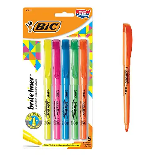 BIC Brite Liner Highlighter, Chisel Tip, Assorted Colors, For Broad Highlighting or Fine Underlining