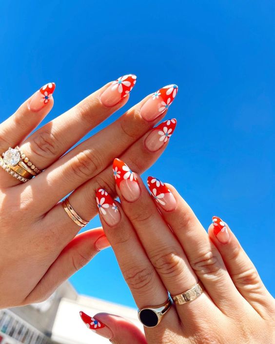 red, white and blue daisy nails