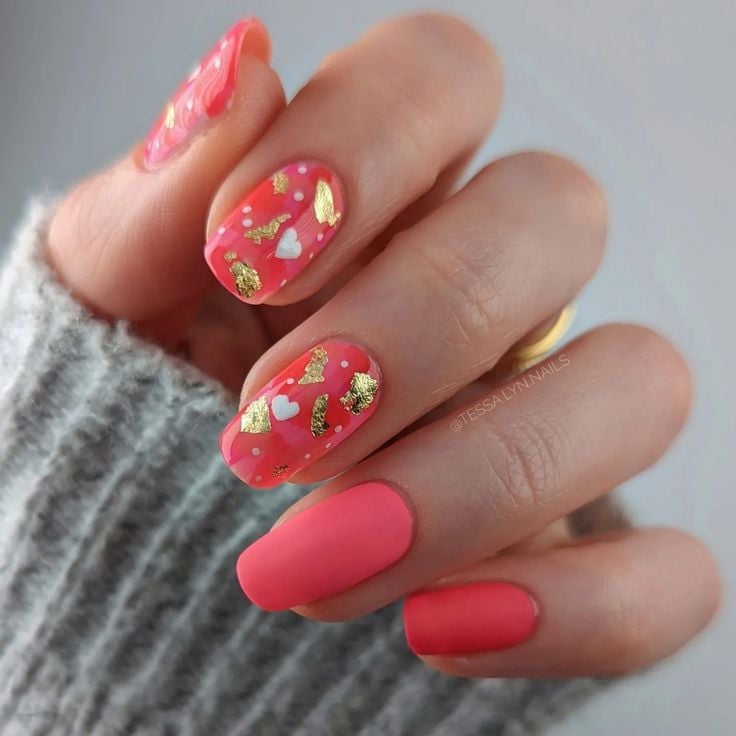 Neon pink nail with gold foil