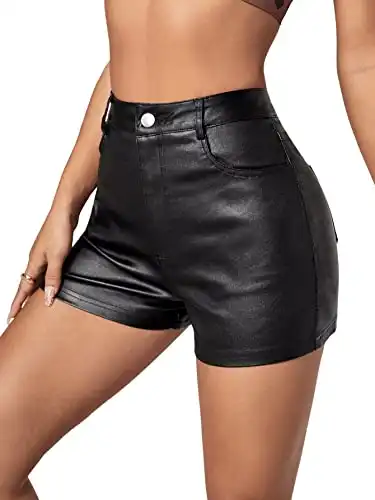 SweatyRocks Women's High Waist Faux Leather Denim Shorts Stretchy Summer Shorts with Pockets