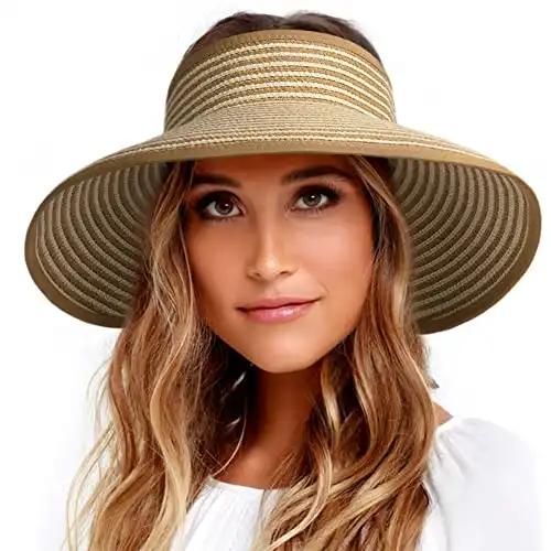 FURTALK Sun Visor Hats for Women Wide Brim Straw Roll Up Ponytail Summer Beach Hat UV UPF Packable Foldable Travel