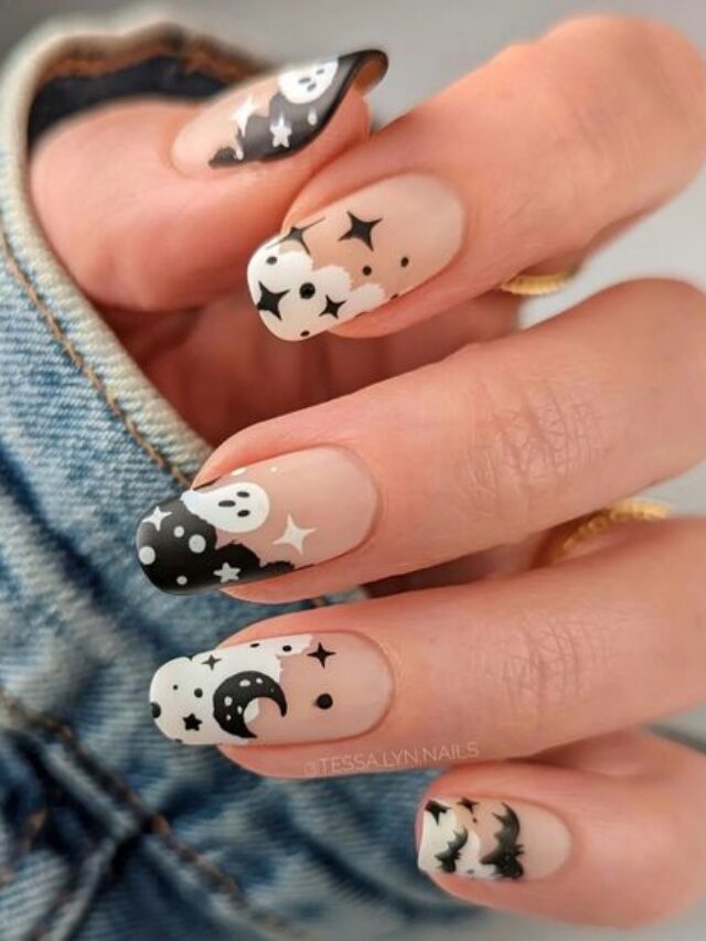 black and white boo nails