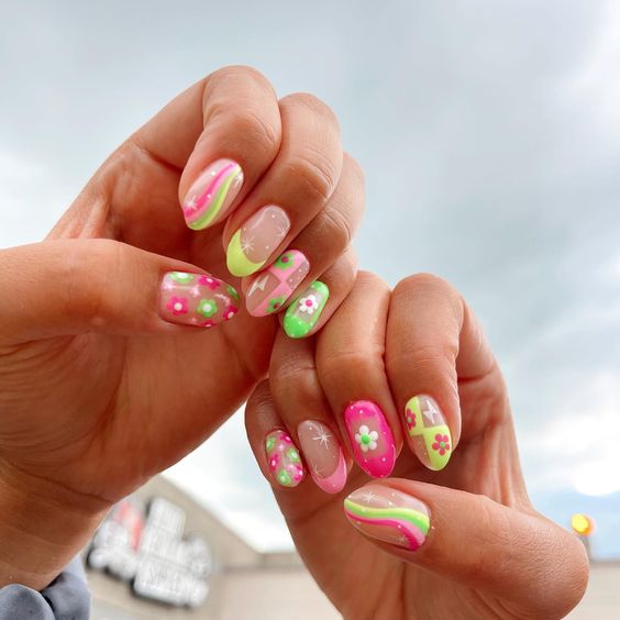 pink and green neon nails