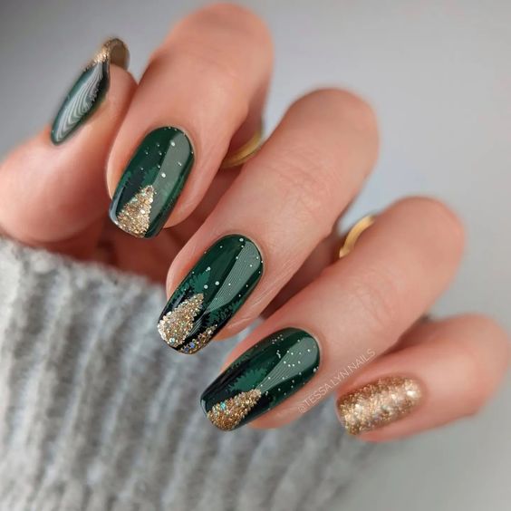 gold and green forest nails