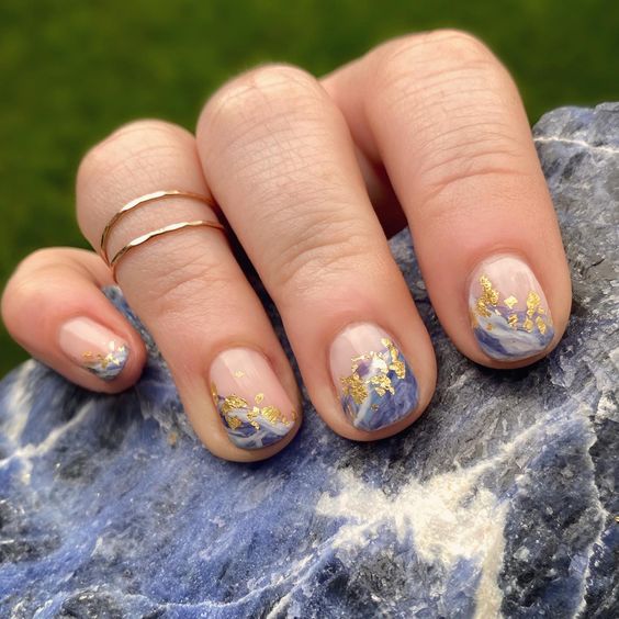 marble blue and gold nails