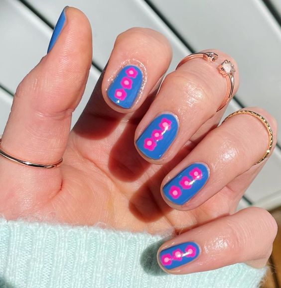 blue with pink flowers