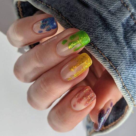 rainbow glitter drip nails