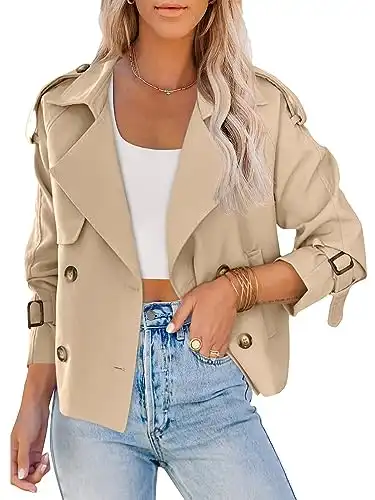 Saodimallsu Women Crop Double Breasted Trench Coat Raglan Sleeve Work Office Cropped Jacket With Pockets