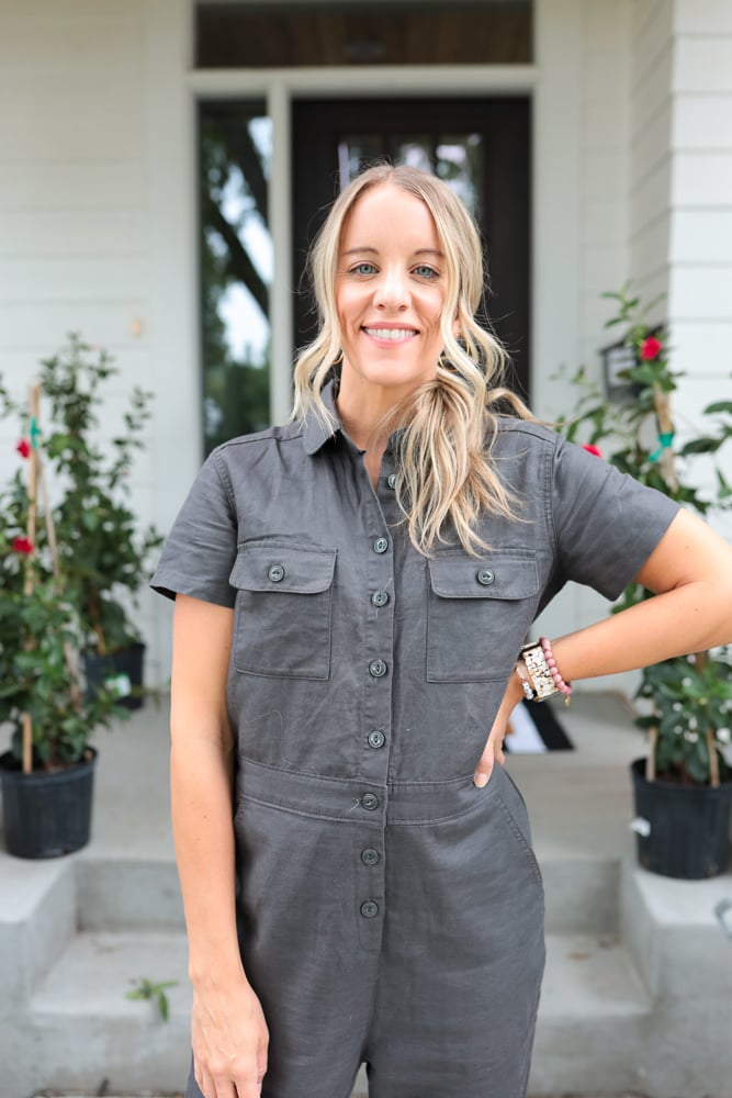 woman wearing quince jumpsuit