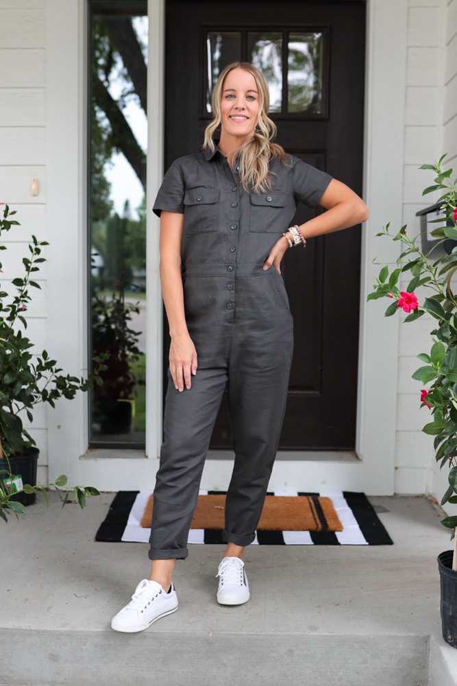 woman wearing quince jumpsuit