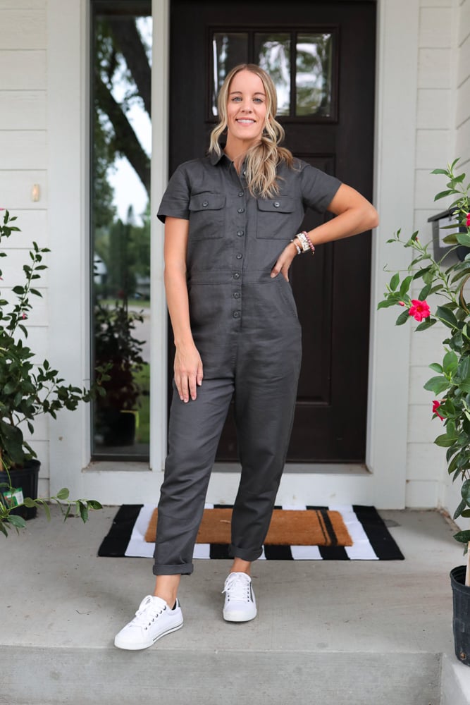 Cotton Linen Twill Short Sleeve Coverall Jumpsuit