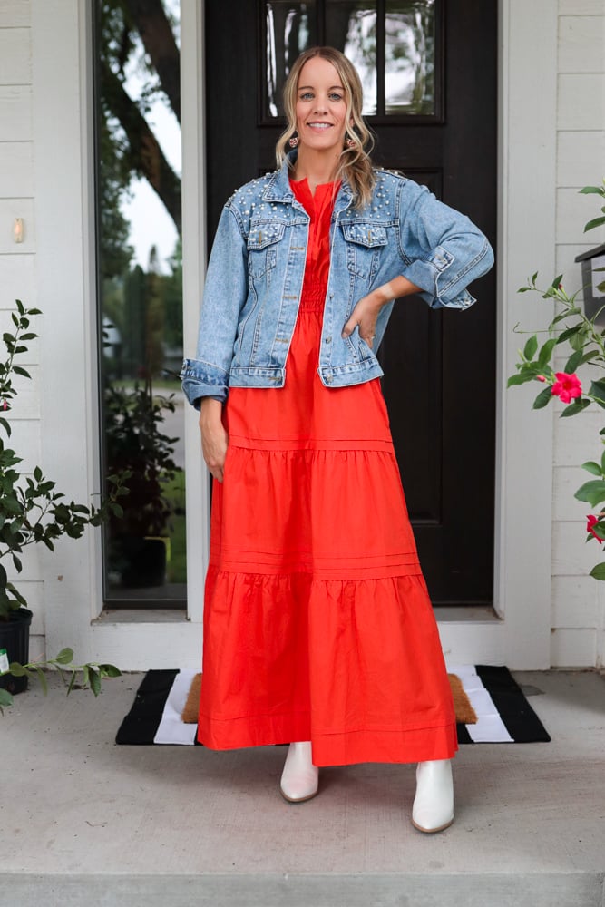 woman wearing quince maxi dress and denim jacket
