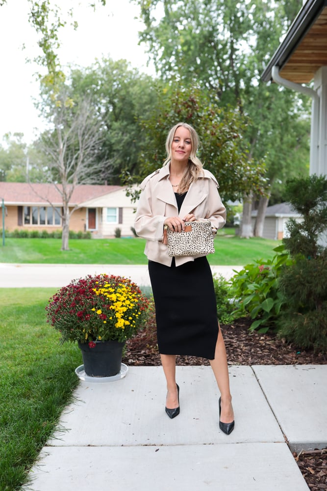 woman in knit dress  and cropped trench coat