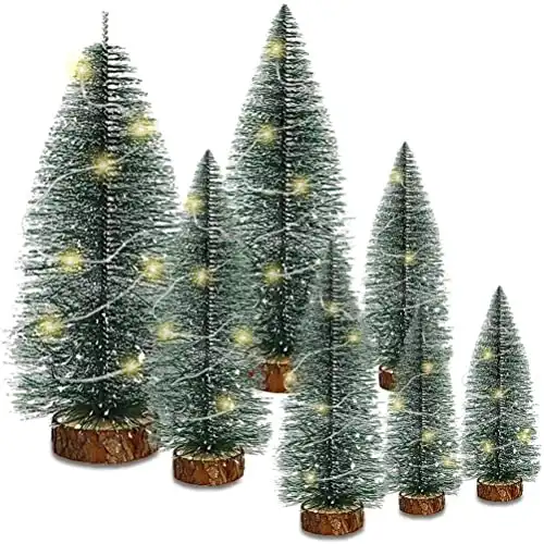 7PCS Mini Sisal Christmas Trees with Lamp and Wooden Base,Snow Design, Perfect for Home Decoration, Party and Office (b)