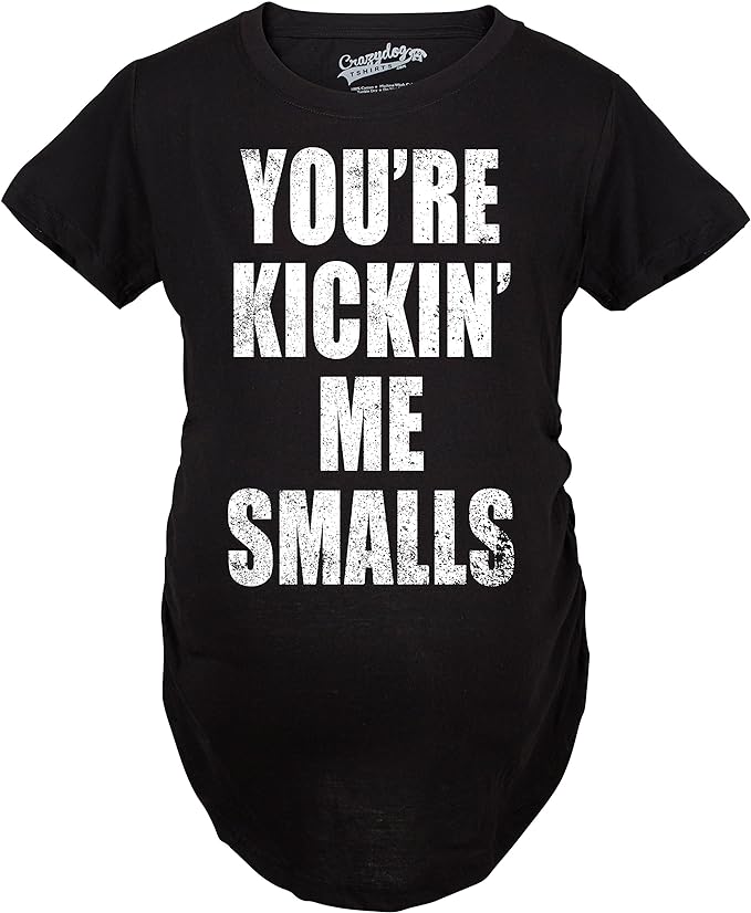 Maternity Kicking Me Smalls Funny T Shirt Pregnancy Announcement Novelty Tee Funny Graphic Maternity Tee Baseball Maternity T Shirt Funny Movie T Shirt Navy L