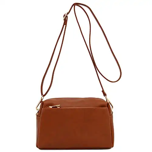 FashionPuzzle Small Triple Zip Crossbody Bag (Saddle Brown)