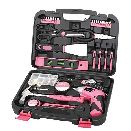Apollo 135 Piece Household Tool Kit Pink with Pivoting Dual-Angle 3.6 V Lithium-Ion Cordless Screwdriver