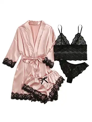 SOLY HUX Women Satin Pajama Set 4pcs Floral Lace Trim Cami Lingerie Sleepwear with Robe Pink