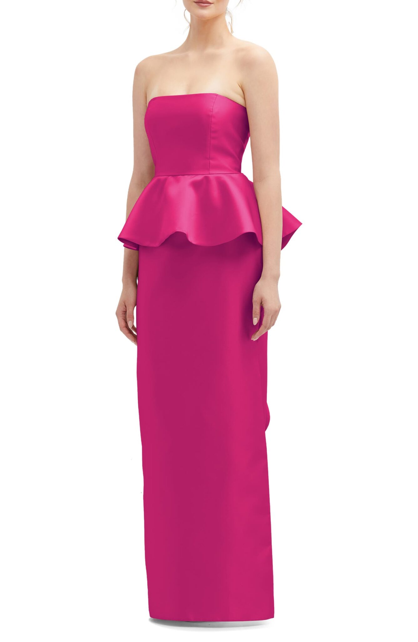 Strapless Ruffle Peplum Satin Column Gown