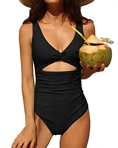 Charmo Womens One Piece Swimsuit Ruched Tummy Control High Cut Backless V Neck Bathing Suits
