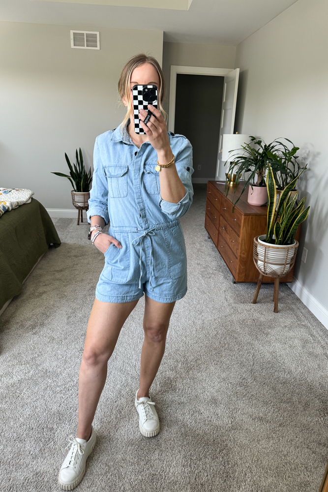 Woman in chambray outfit.