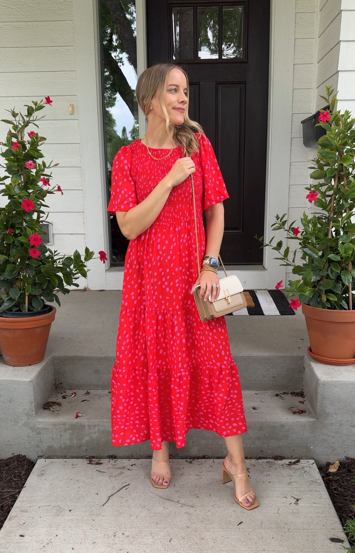 Woman wearing red dress.