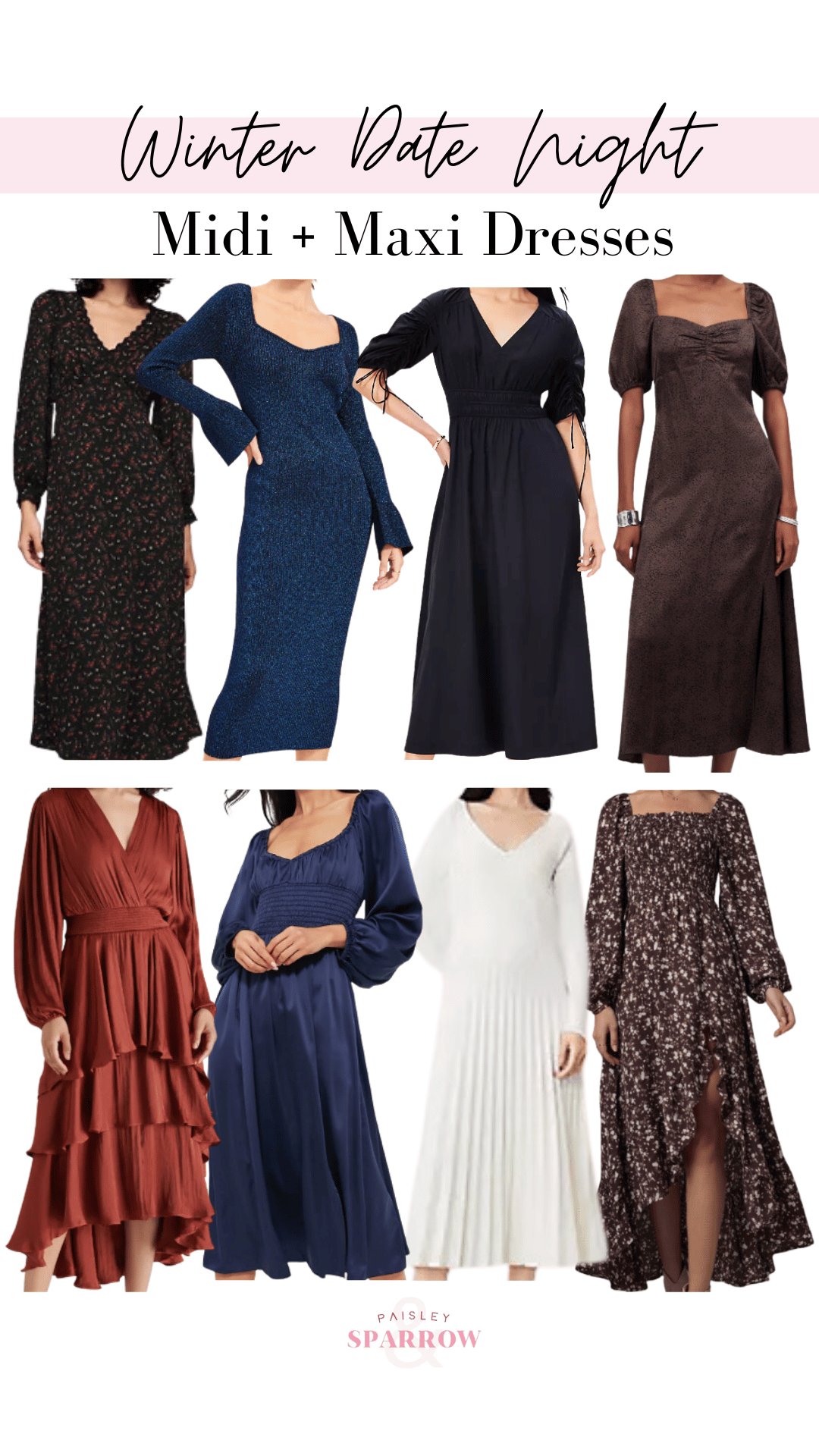 collage of midi and maxi dresses for a winter date night