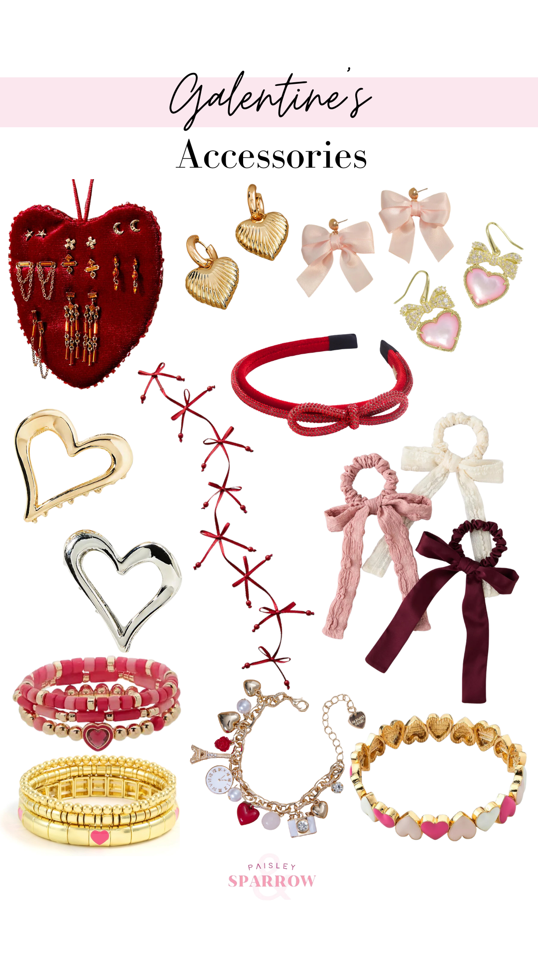 collage featuring galentine's accessories