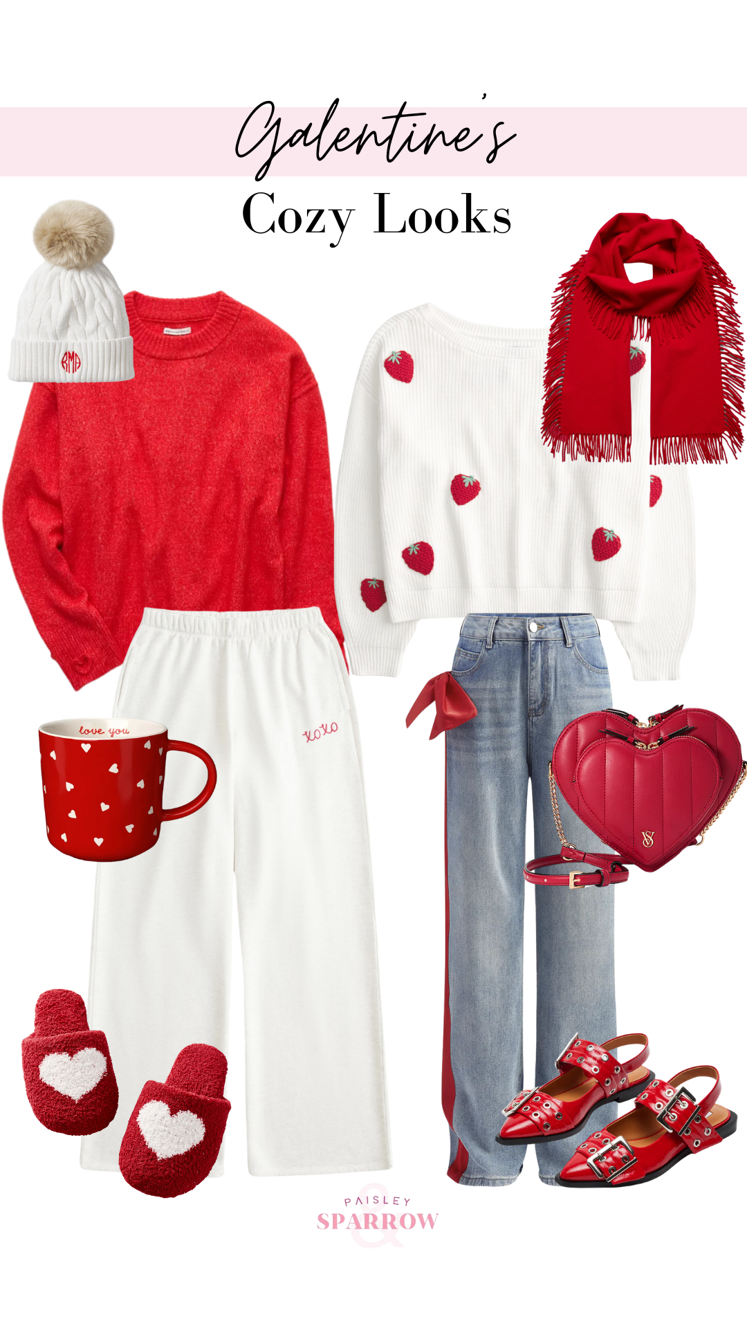 collage featuring galentine's cozy looks