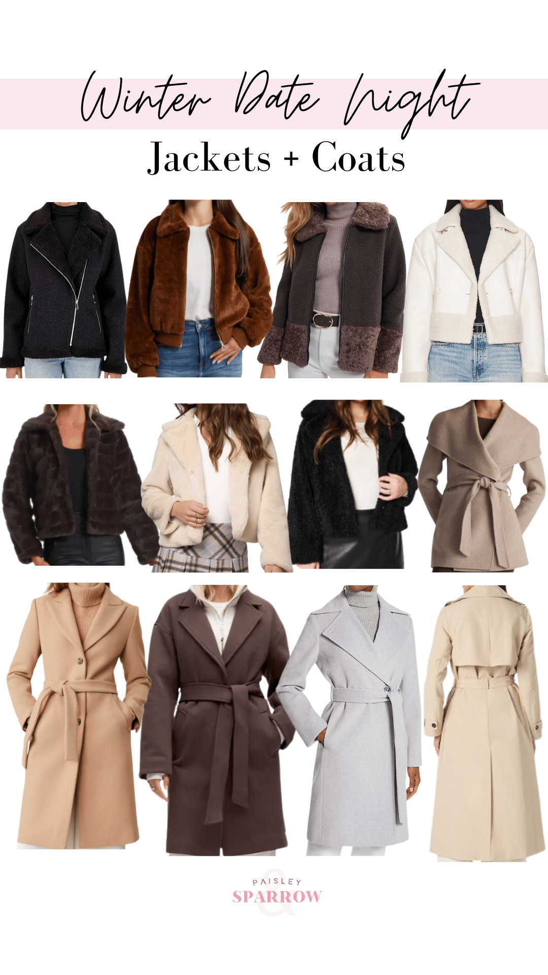 collage of jackets and coats for a winter date night
