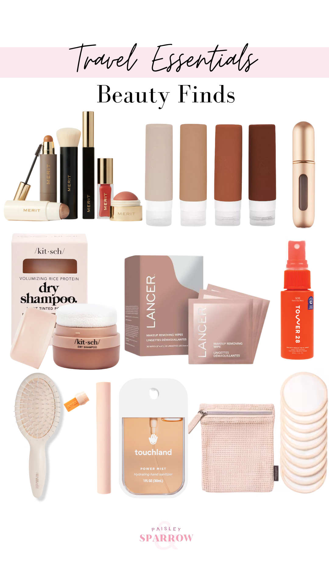 travel essentials collage featuring beauty finds