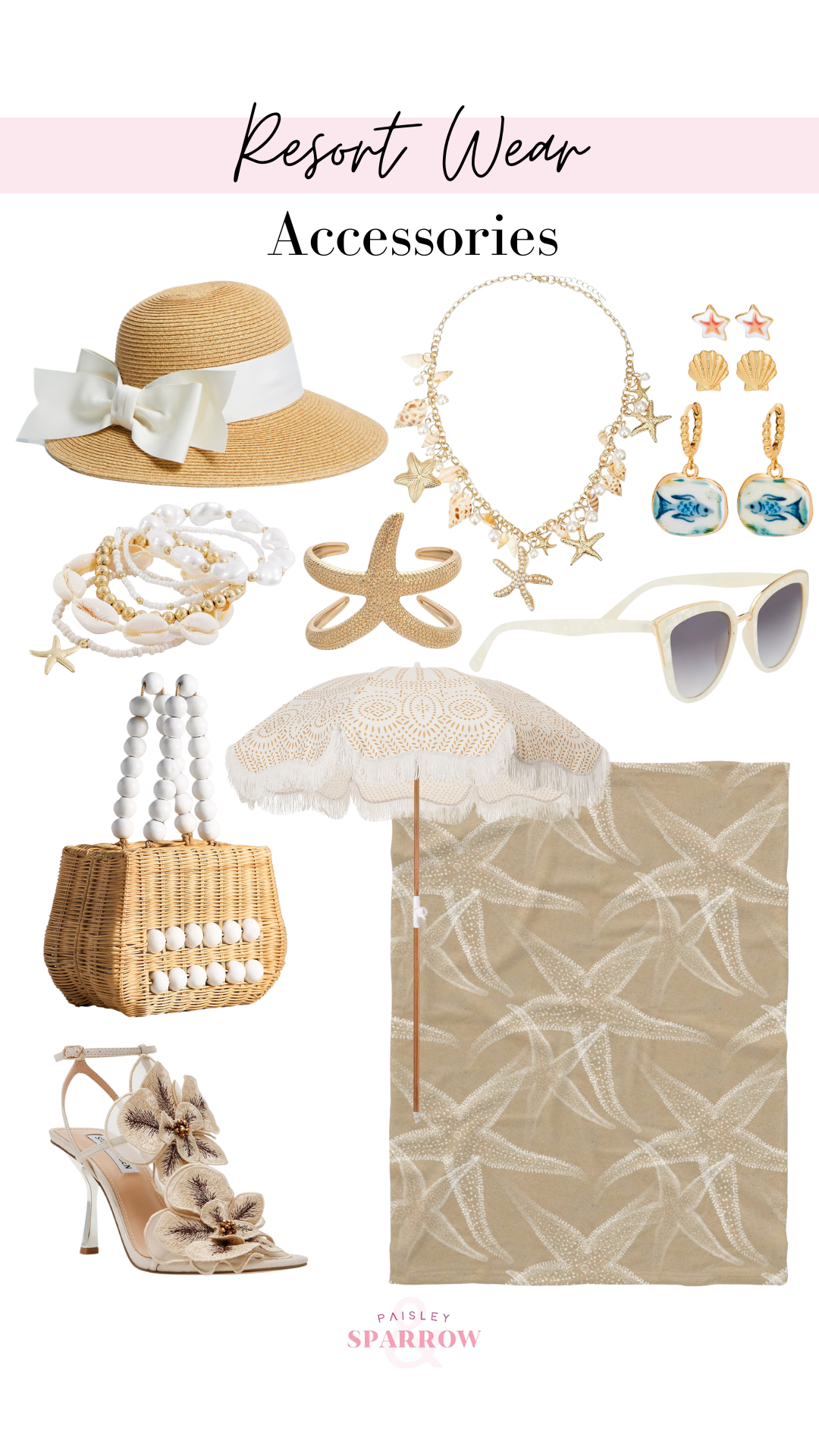 resort wear collage featuring accessories