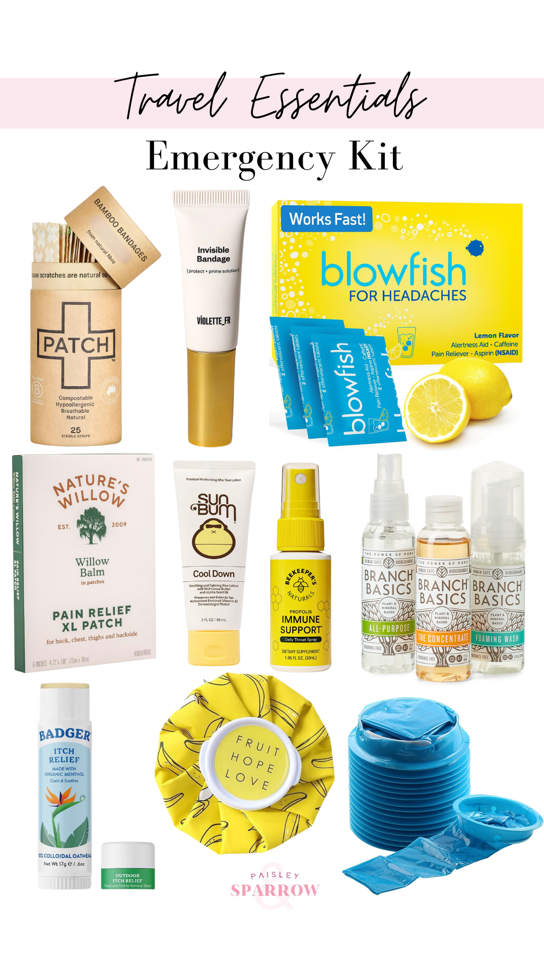 travel essentials collage featuring emergency items