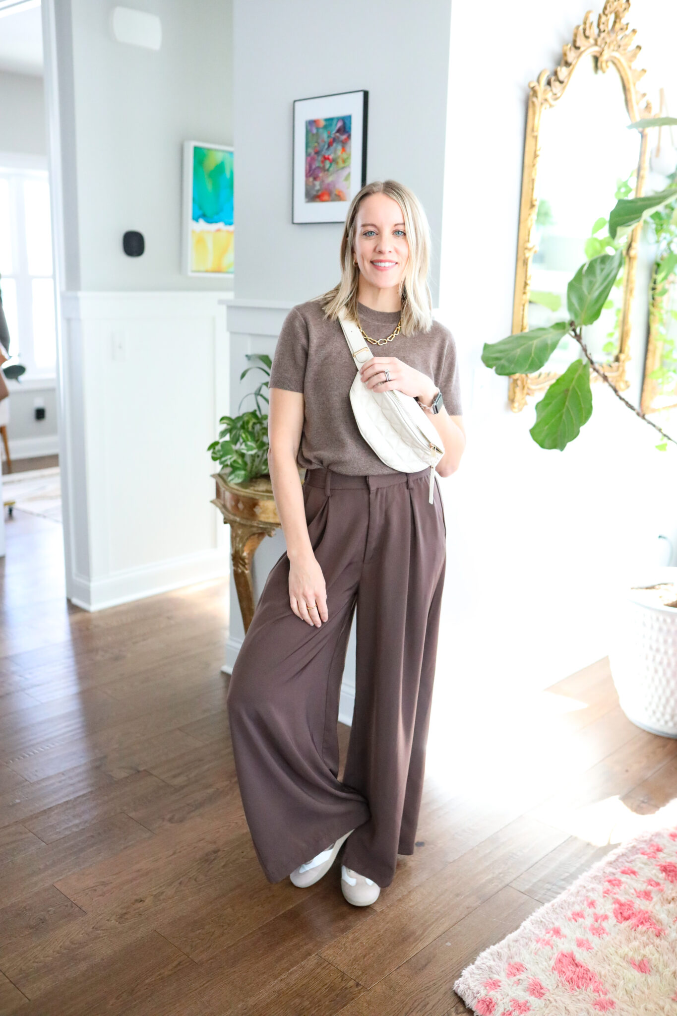woman wearing all brown outfit