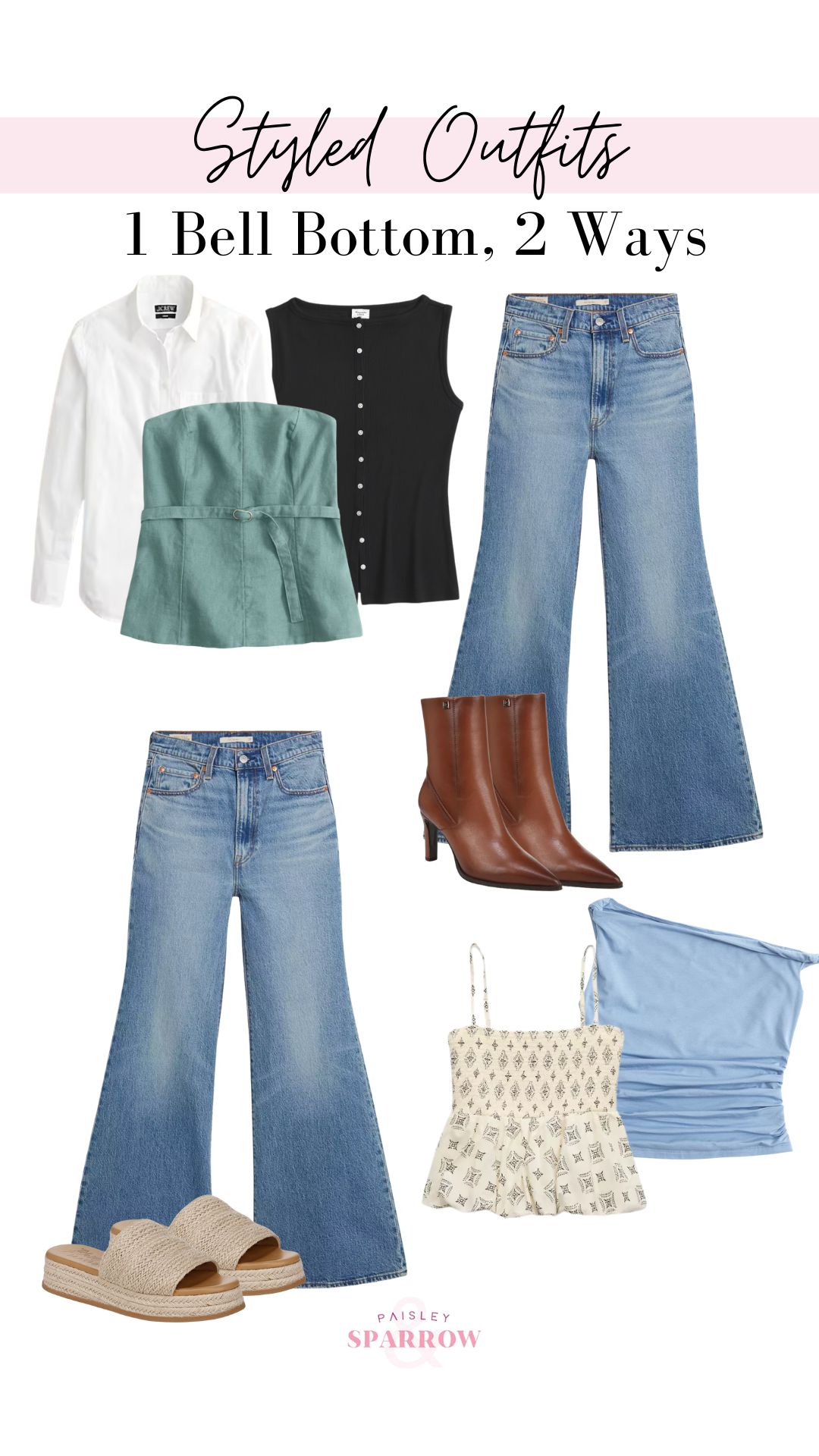 Collage featuring styled bell bottoms