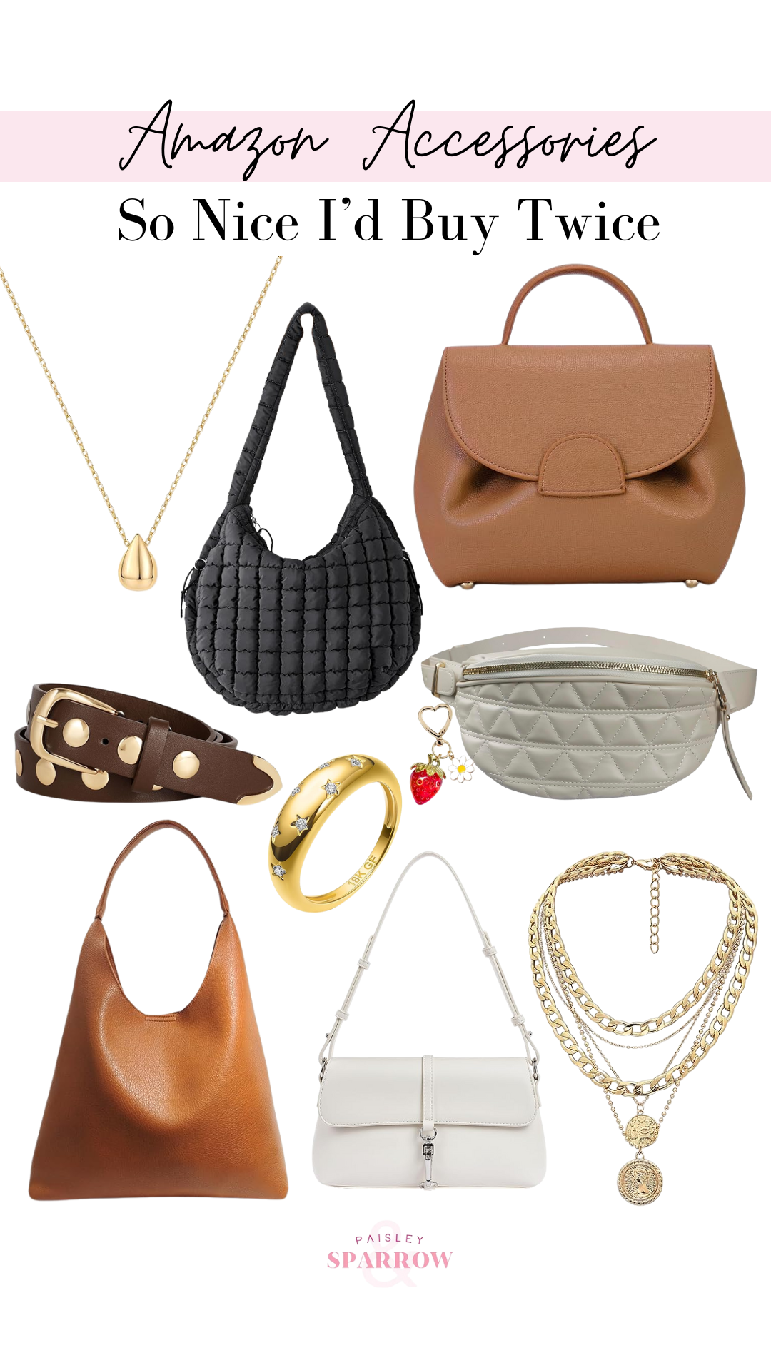 amazon accesories, amazon purse, amazon leather purse, fanny pack, amazon ring, star gold ring, gold necklace, amazon belt