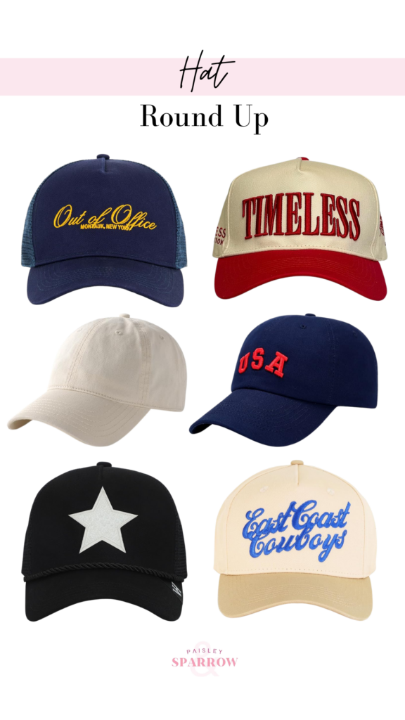 A graphic of different styles of hats in different colors