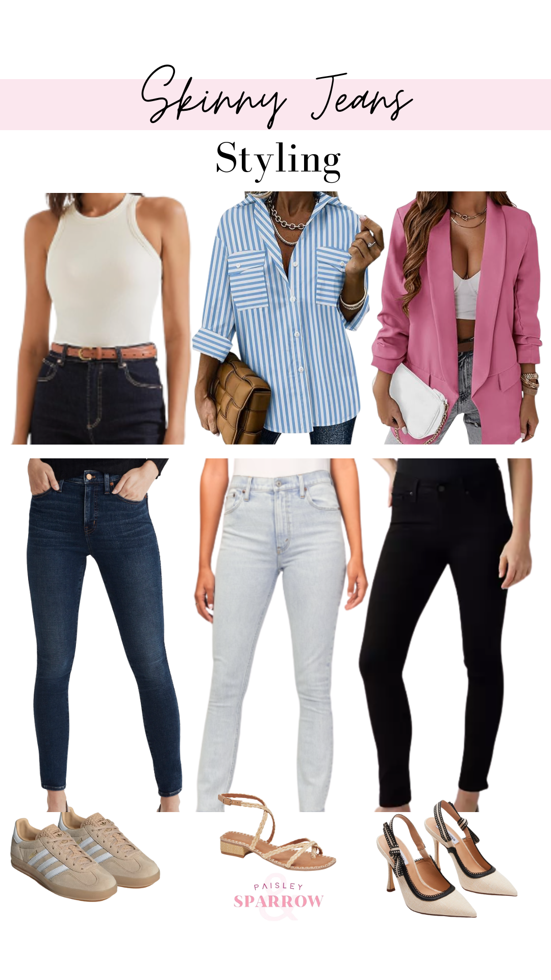Collage of 3 tops 3 jeans and 3 shoes