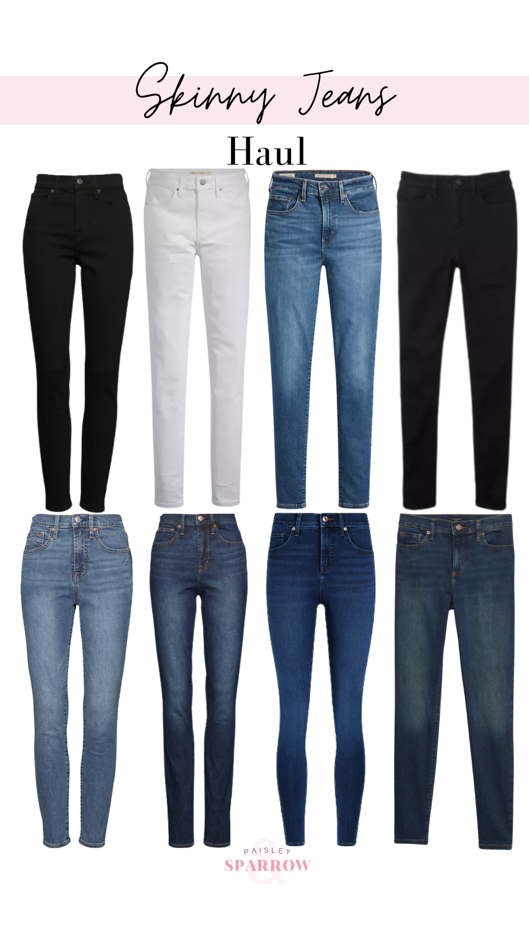 Collage of 8 trendy skinny jeans 