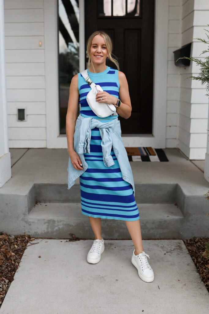 Summer maxi set from Amazon, two toned blue set, summer sweater set, amazon fashion, white sneakers, fun sneakers, belt bag, crossbody