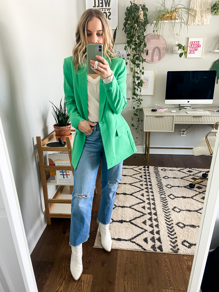 green blazer, white boots, white booties, jeans, levi jeans