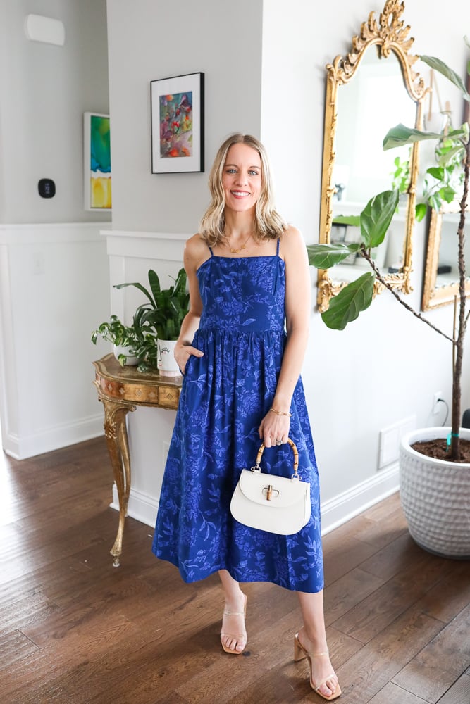 woman wearing blue midi dress for easter