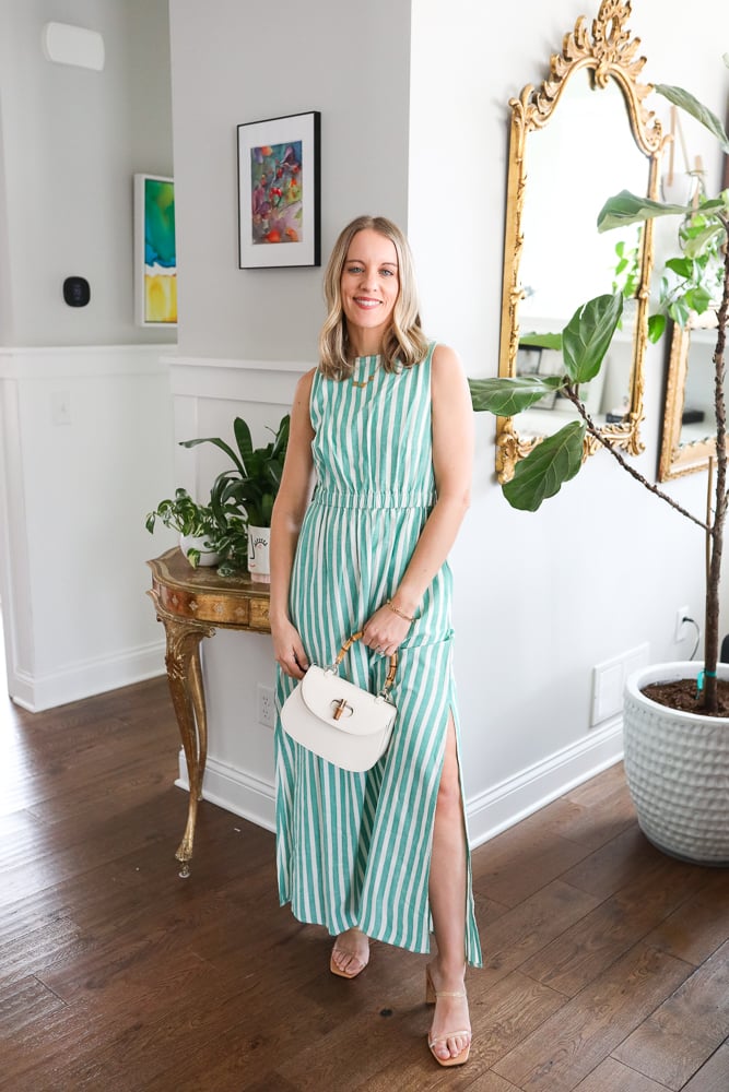 woman wearing green striped jumpsuit