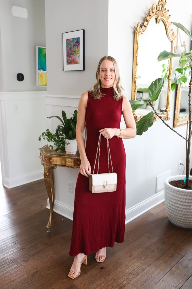 woman wearing red maxi dress