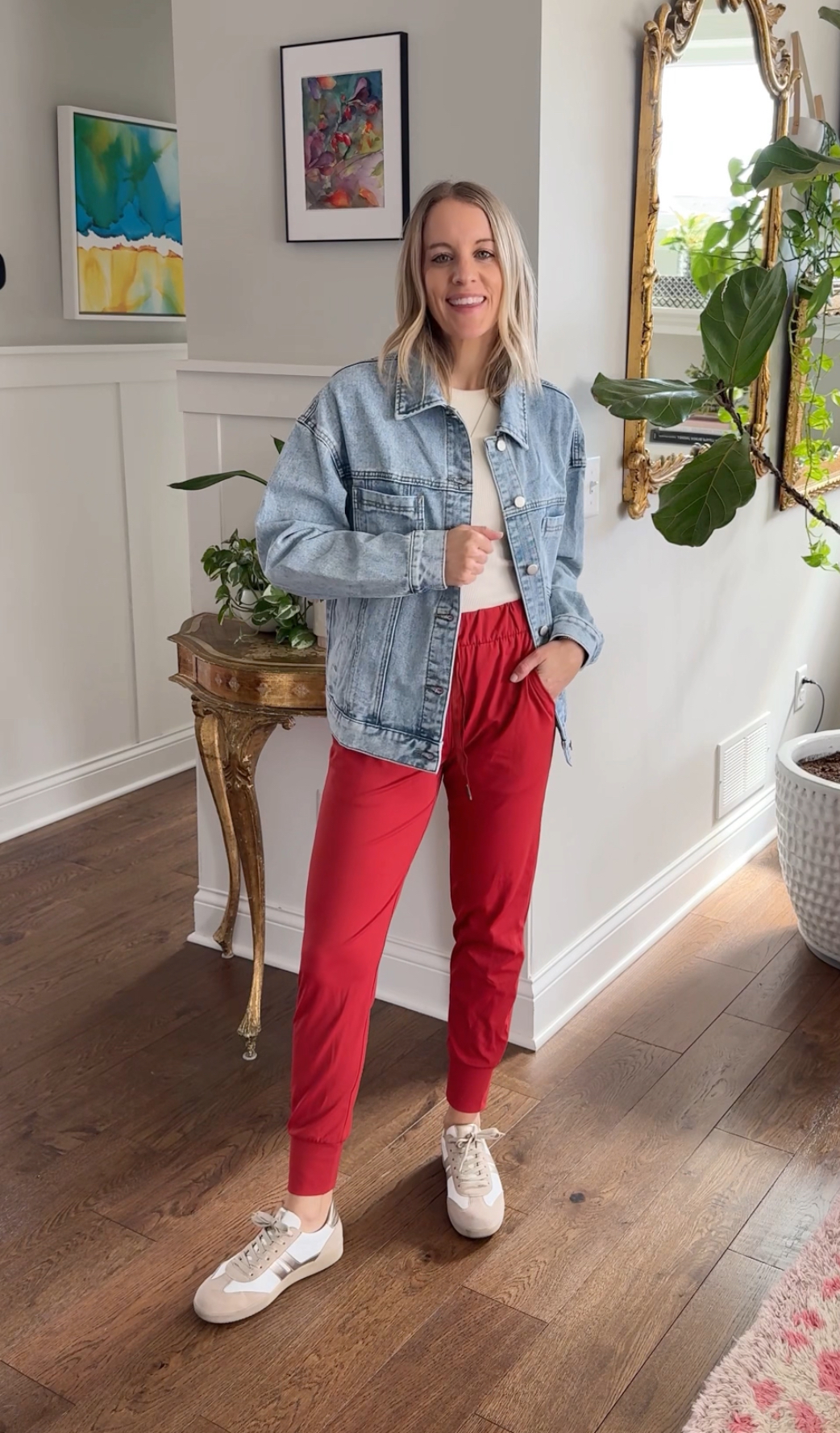 jean jacket, joggers, nude sneakers, amazon fashion, casual outfit, casual spring outfit