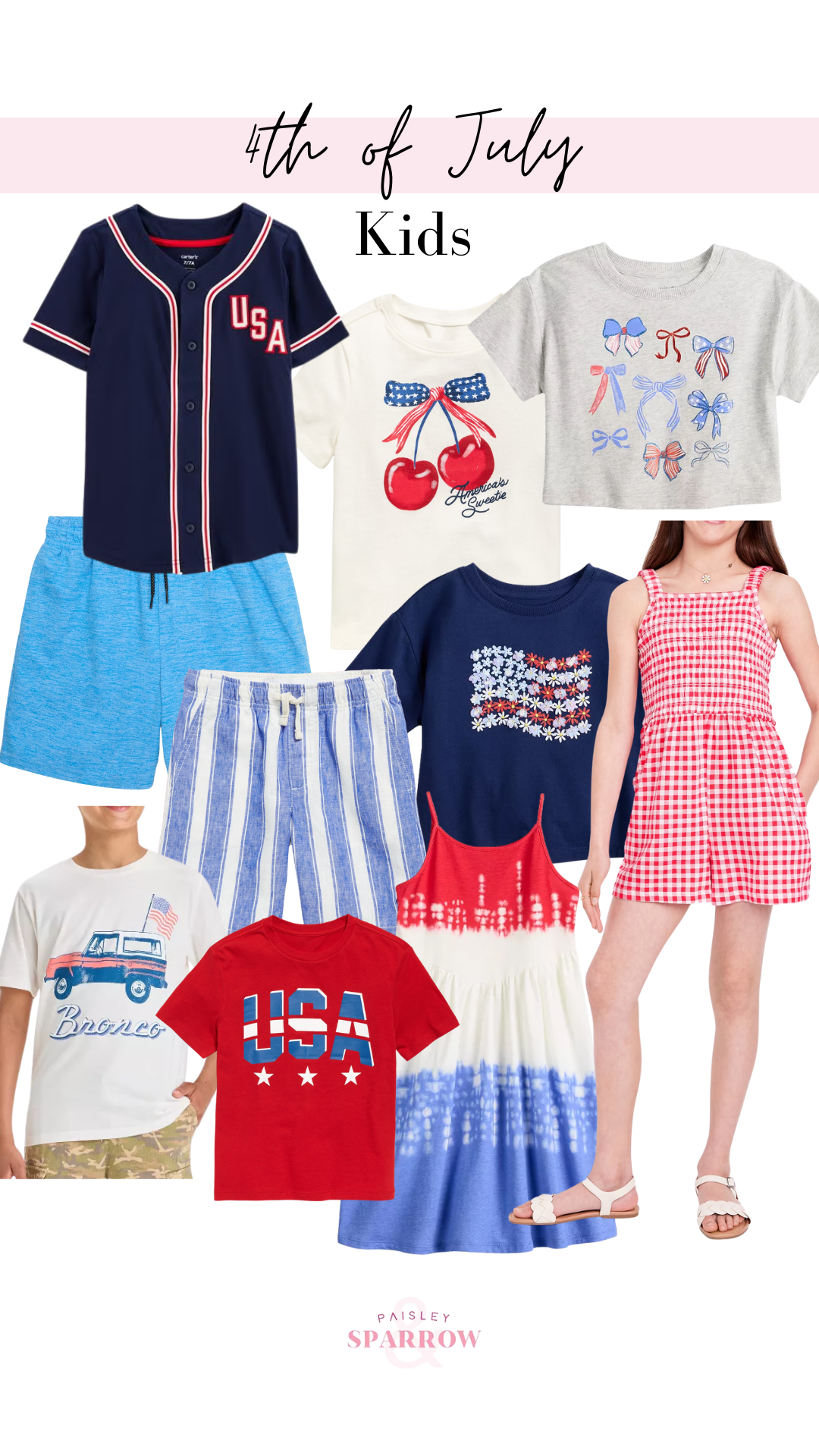 collage of fourth of July outfits for kids 