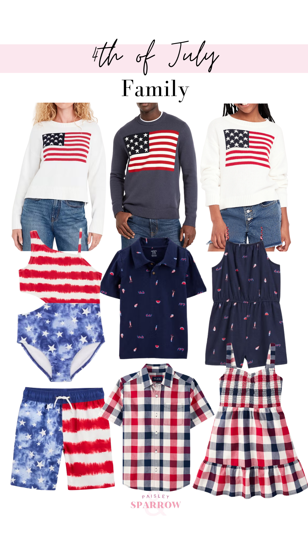 Collage of matching fourth of July outfit for the family