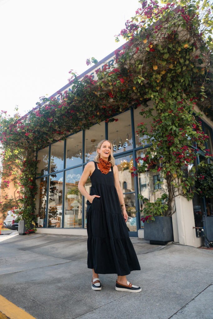 woman in black maxi dress, silk scarf, brown silk scarf, black and white loafers, amazon fashion