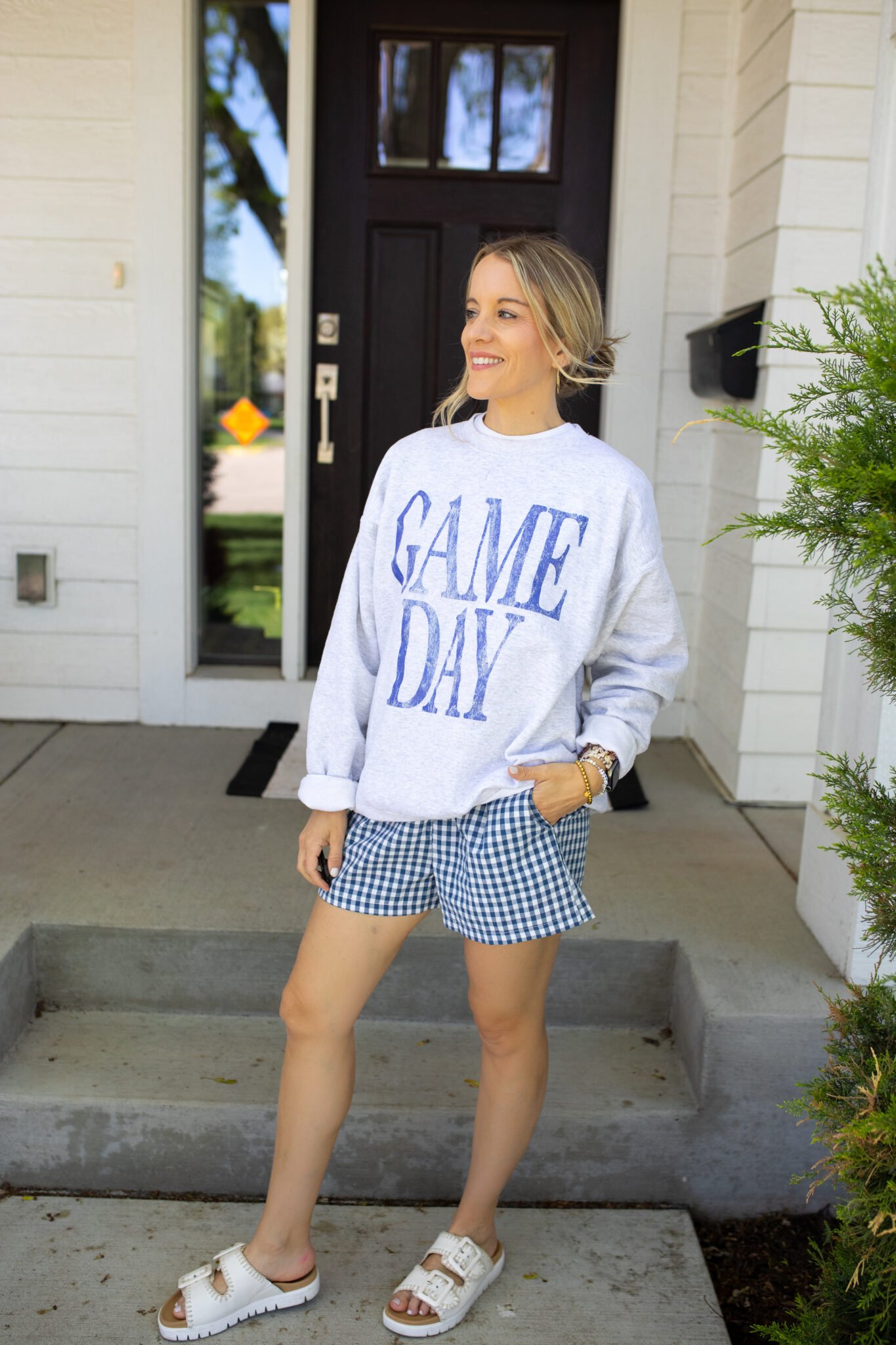 Blue "Game Day" sweatshirt with gingham boxer shorts.
